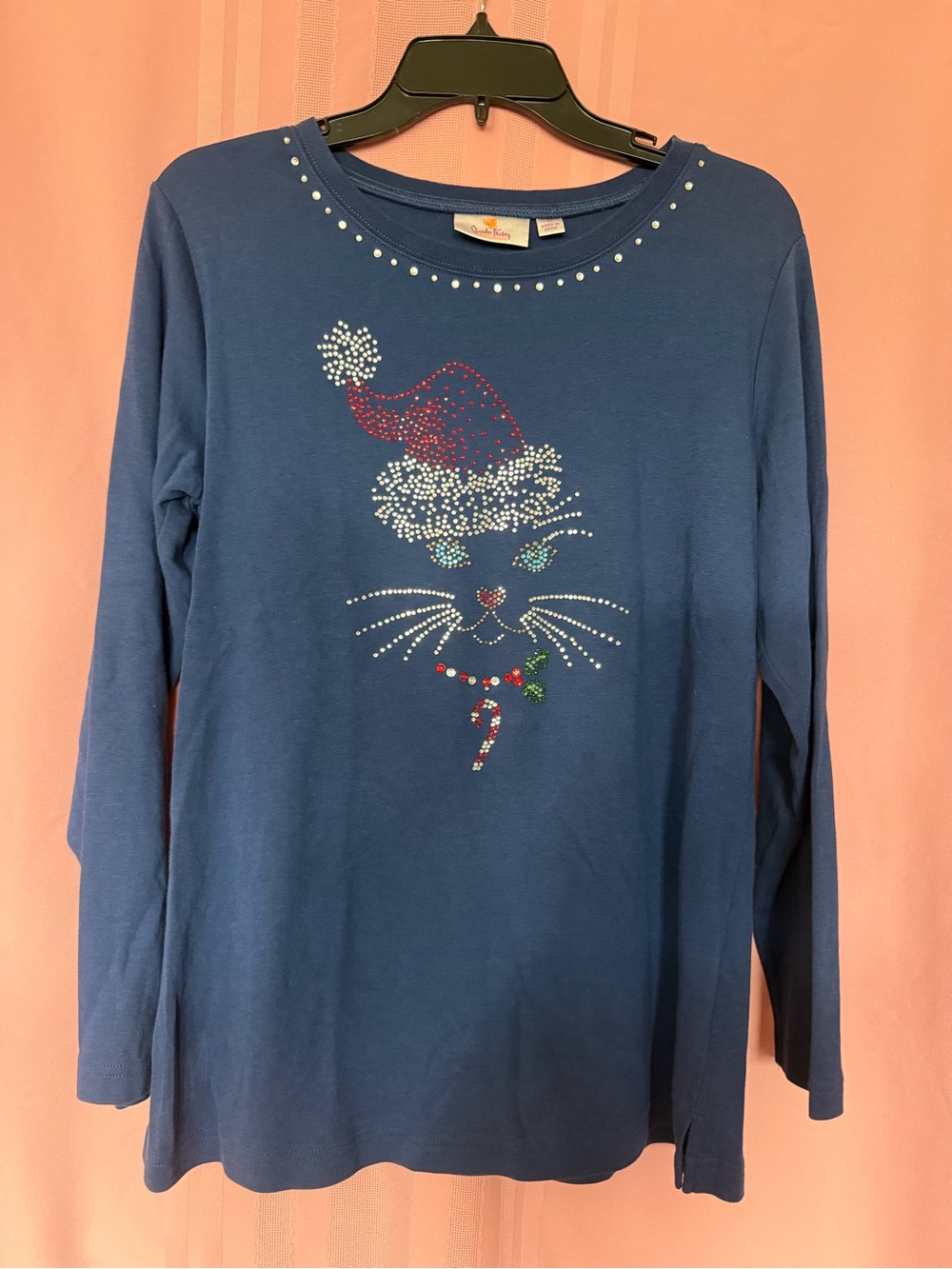 Quacker Factory Blue Long Sleeve Rhinestone Holiday Cat Tunic